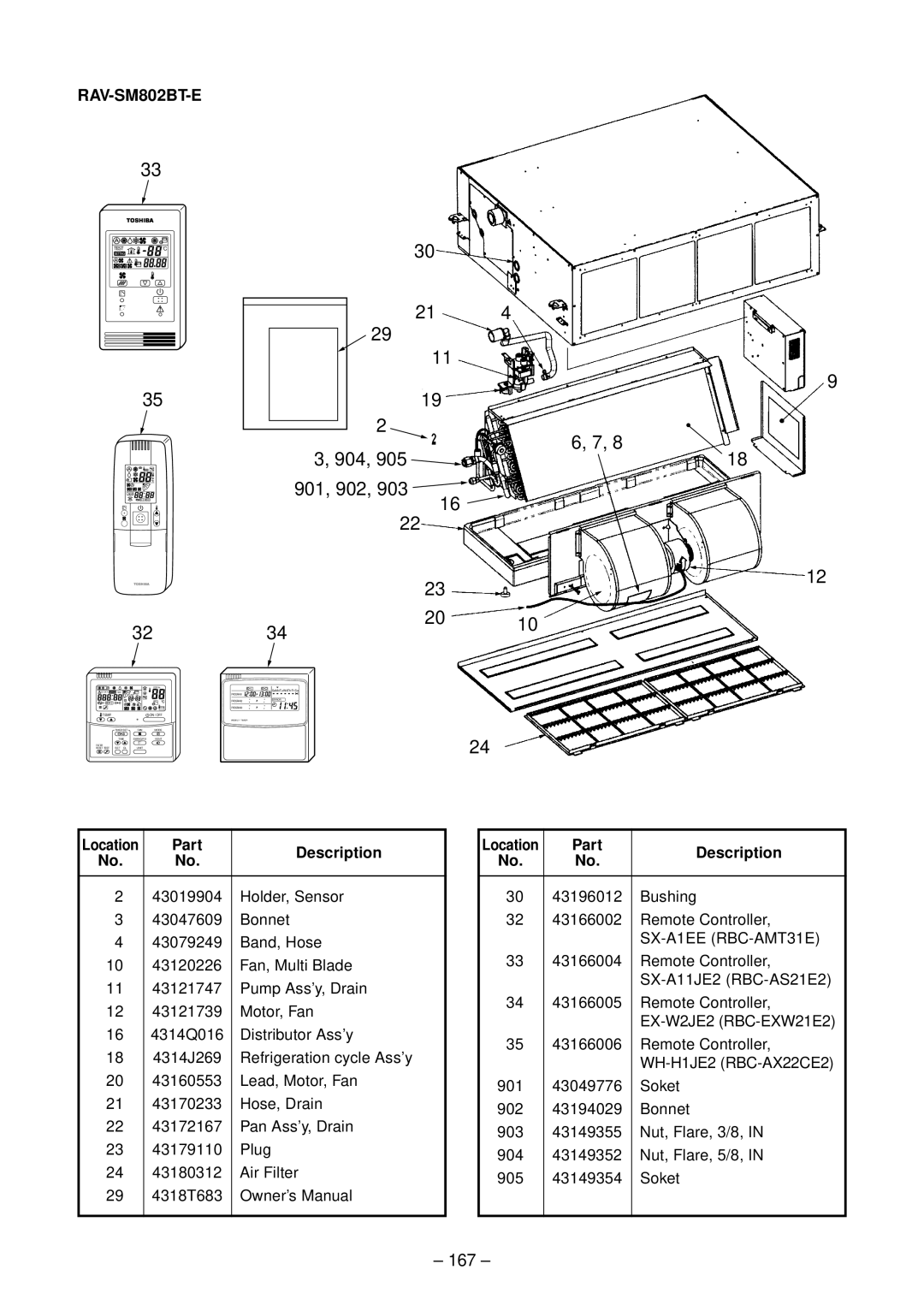 Toshiba RAV-SP1102UT-E, RAV-SM1102CT-E 904, 901, 902, 903, 167, RAV-SM802BT-E, Bushing 43166002 Remote Controller 