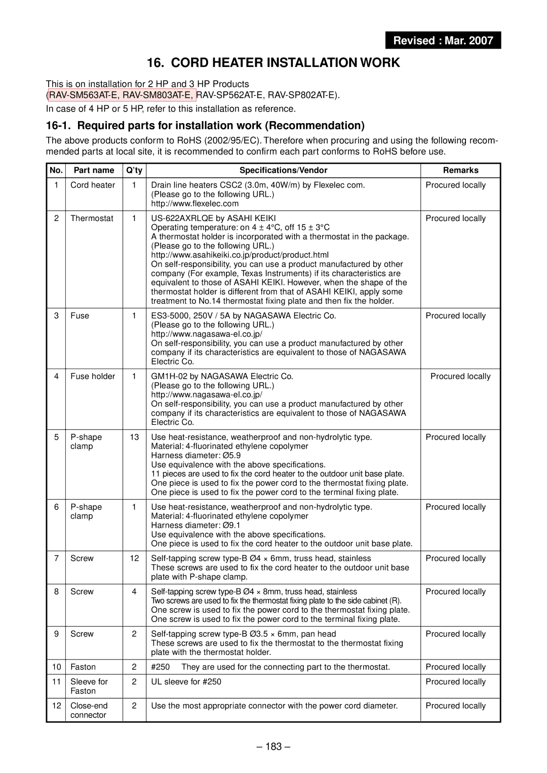 Toshiba RAV-SM1102BT-E, RAV-SM1102CT-E, RAV-SM1403UT-E Required parts for installation work Recommendation, 183 