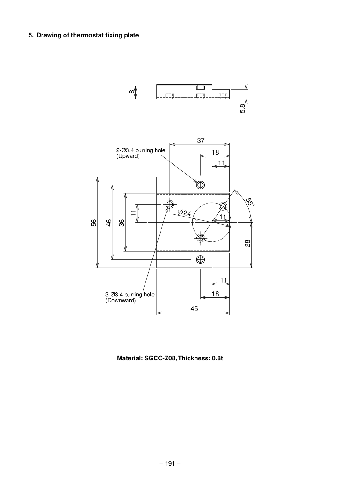 Toshiba RAV-SM802BT-E, RAV-SM1102CT-E Drawing of thermostat fixing plate, Material SGCC-Z08, Thickness 0.8t, 191 