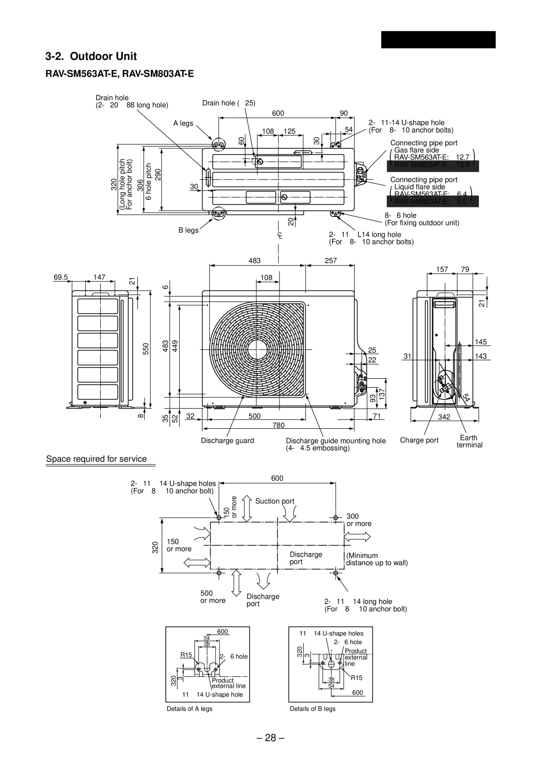 Toshiba RAV-SM1102CT-E, RAV-SM1102BT-E, RAV-SM1403UT-E, RAV-SM1402CT-E service manual Outdoor Unit, Space required for service 