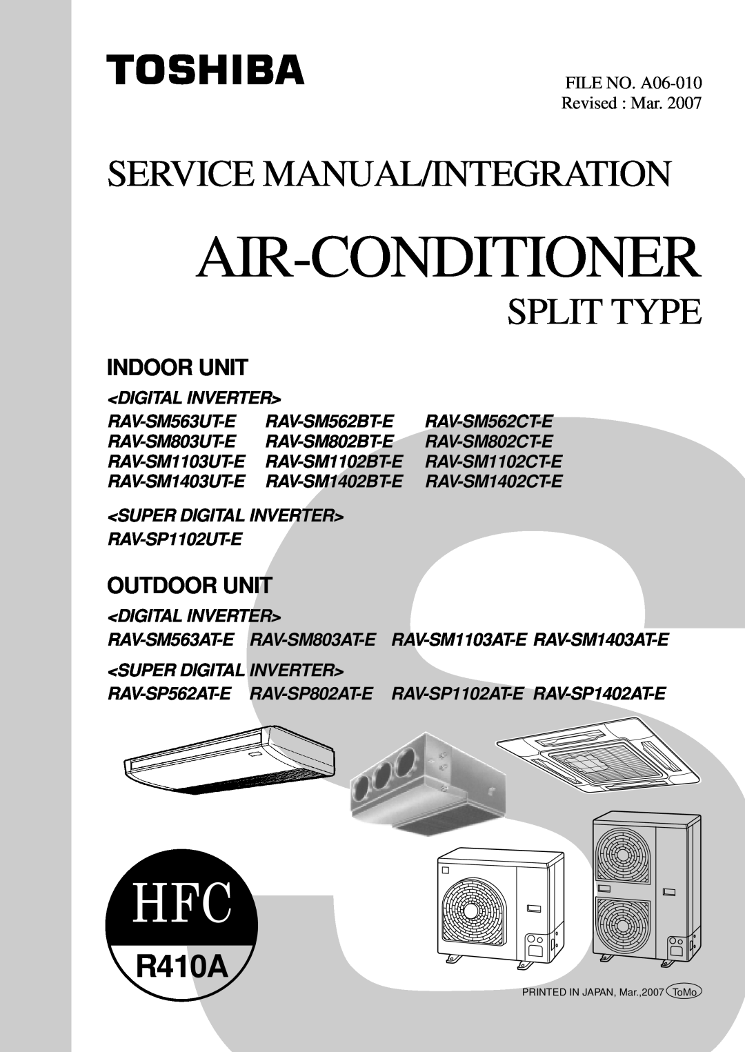 Toshiba RAV-SM1102BT-E service manual Indoor Unit, Outdoor Unit, Air-Conditioner, Service Manual/Integration, Split Type 