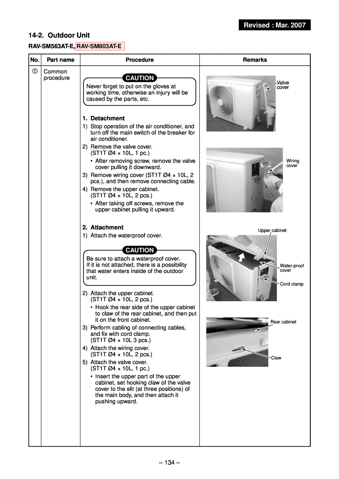 Toshiba RAV-SM802CT-E Revised Mar, Outdoor Unit, No. Part name, Procedure, Remarks, Water-proof, Rear cabinet 