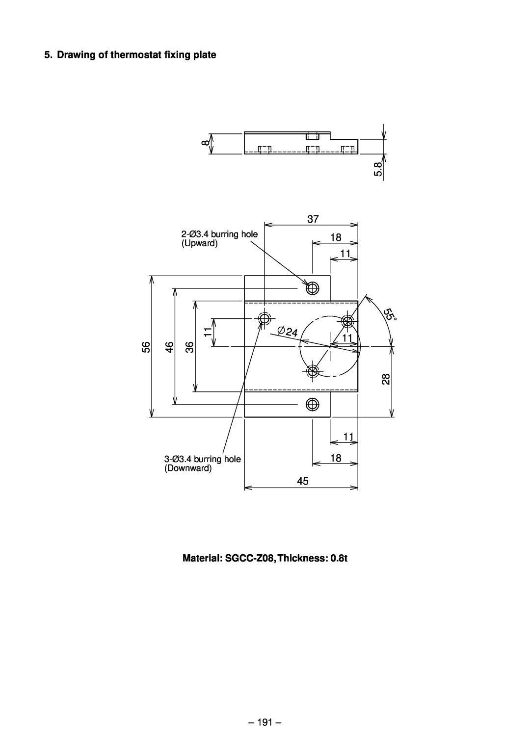 Toshiba RAV-SM802BT-E Drawing of thermostat fixing plate, Material SGCC-Z08, Thickness 0.8t, 2-Ø3.4 burring hole, Upward 