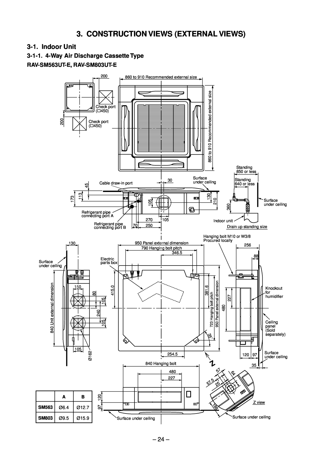 Toshiba RAV-SM563AT-E Construction Views External Views, 3-1-1. 4-Way Air Discharge Cassette Type, Ø6.4, Ø12.7, SM803 