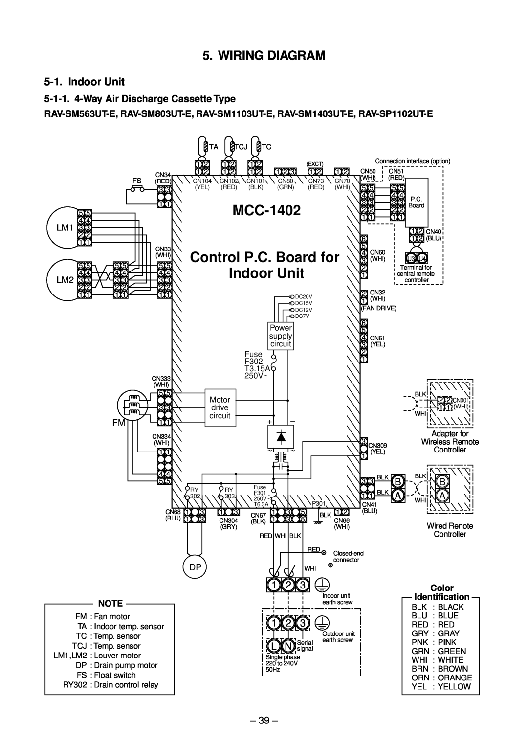 Toshiba RAV-SM562CT-E, RAV-SM1102CT-E MCC-1402, Control P.C. Board for, Indoor Unit, Wiring Diagram, Color, Identification 