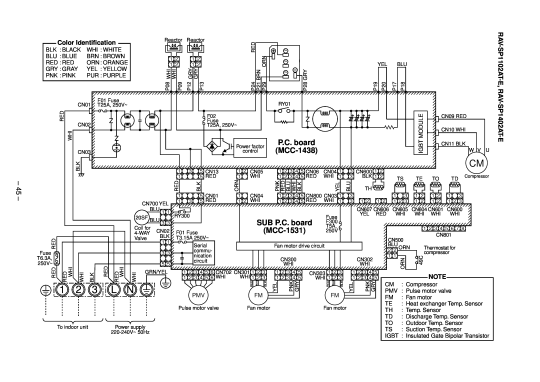 Toshiba RAV-SM1402CT-E, RAV-SM1102CT-E Color Identification, SUB P.C. board, MCC-1531, RAV-SP1102AT-E, RAV-SP1402AT-E 