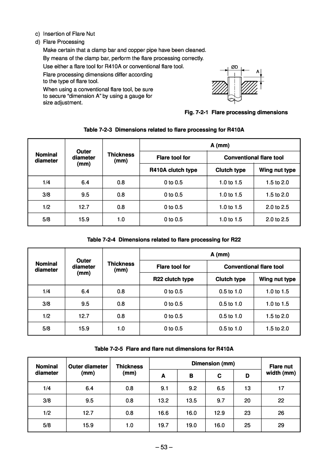 Toshiba RAV-SM562CT-E 2-1 Flare processing dimensions, 2-3 Dimensions related to flare processing for R410A, Outer, A mm 