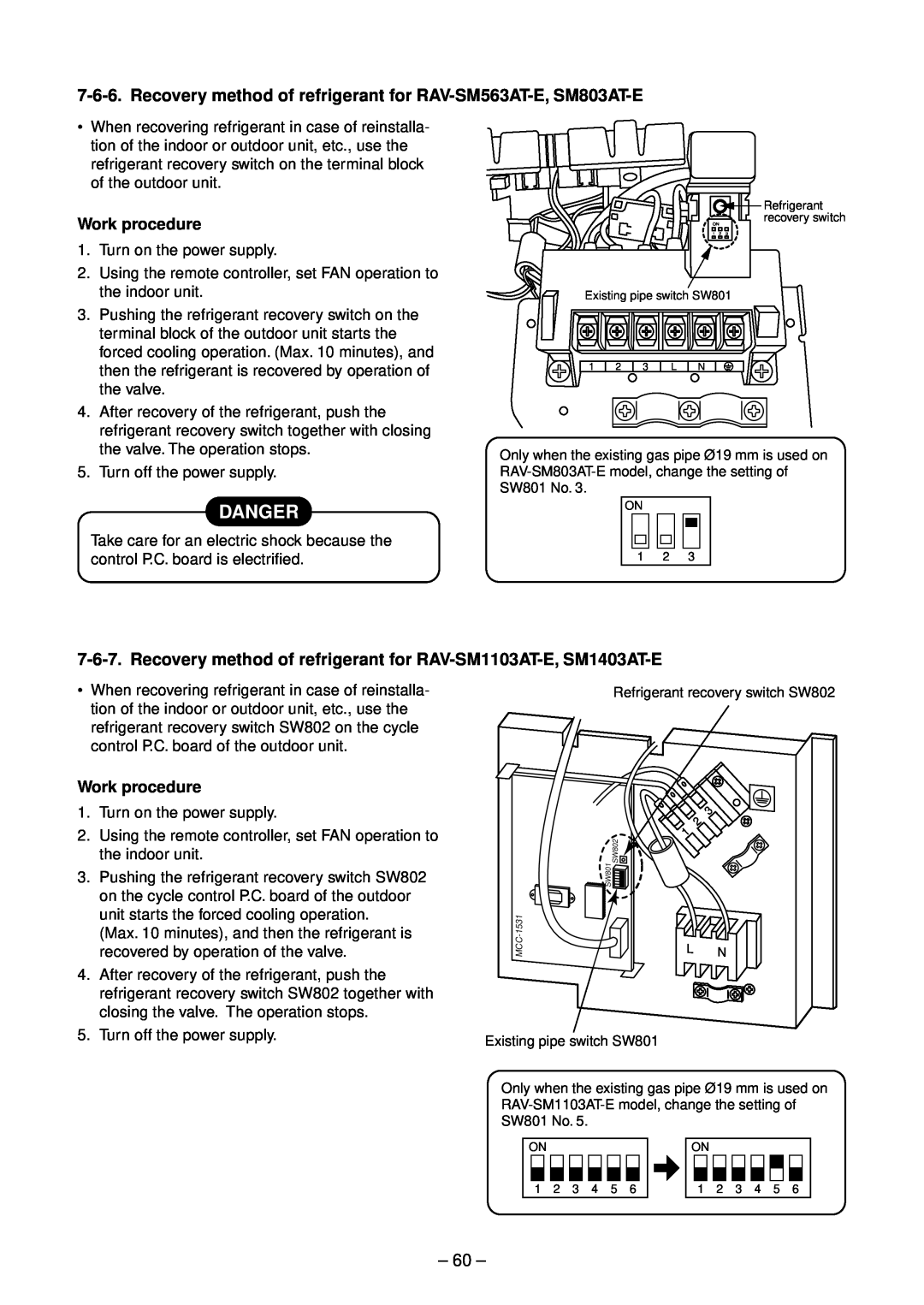 Toshiba RAV-SM1103UT-E, RAV-SM1102CT-E, RAV-SM1102BT-E Danger, Recovery method of refrigerant for RAV-SM563AT-E, SM803AT-E 