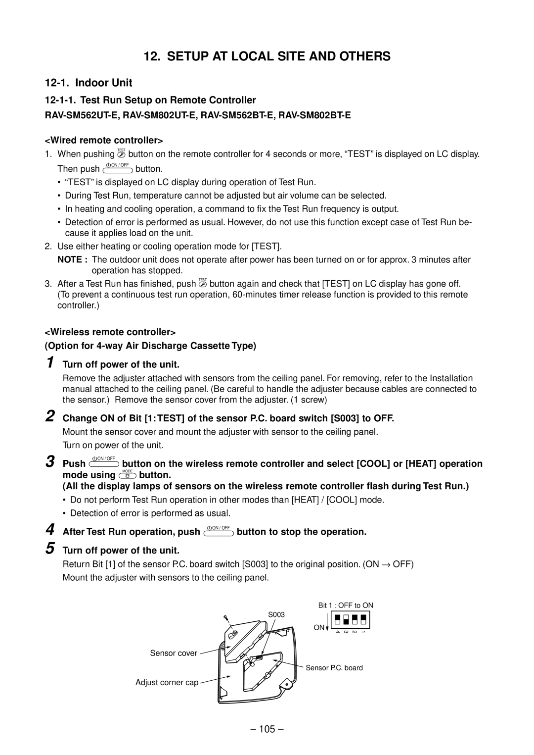 Toshiba RAV-SM1402UT-E, RAV-SM1102UT-E Test Run Setup on Remote Controller, 105, Wired remote controller, Push 