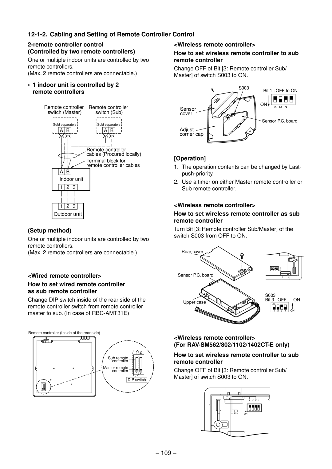 Toshiba RAV-SM1402UT-E, RAV-SM1102UT-E Cabling and Setting of Remote Controller Control, 109, Setup method, Operation 