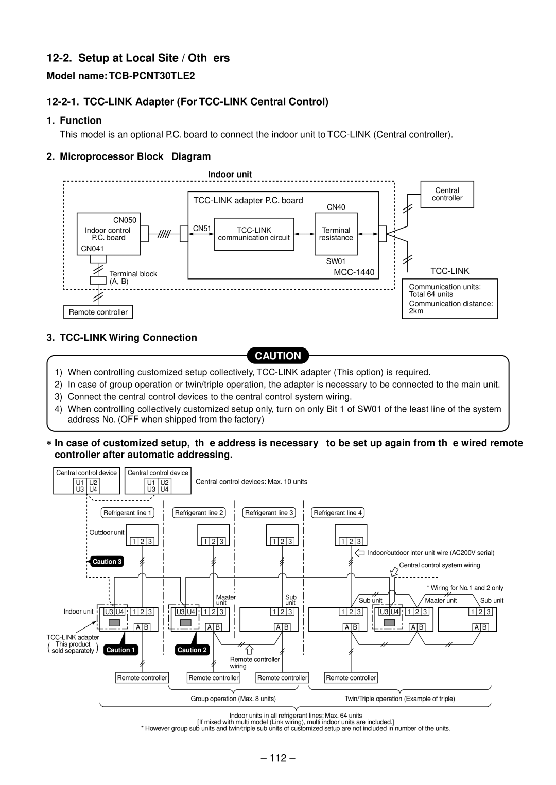 Toshiba RAV-SM1102UT-E, RAV-SM1402UT-E Setup at Local Site / Oth ers, TCC-LINK Adapter For TCC-LINK Central Control, 112 