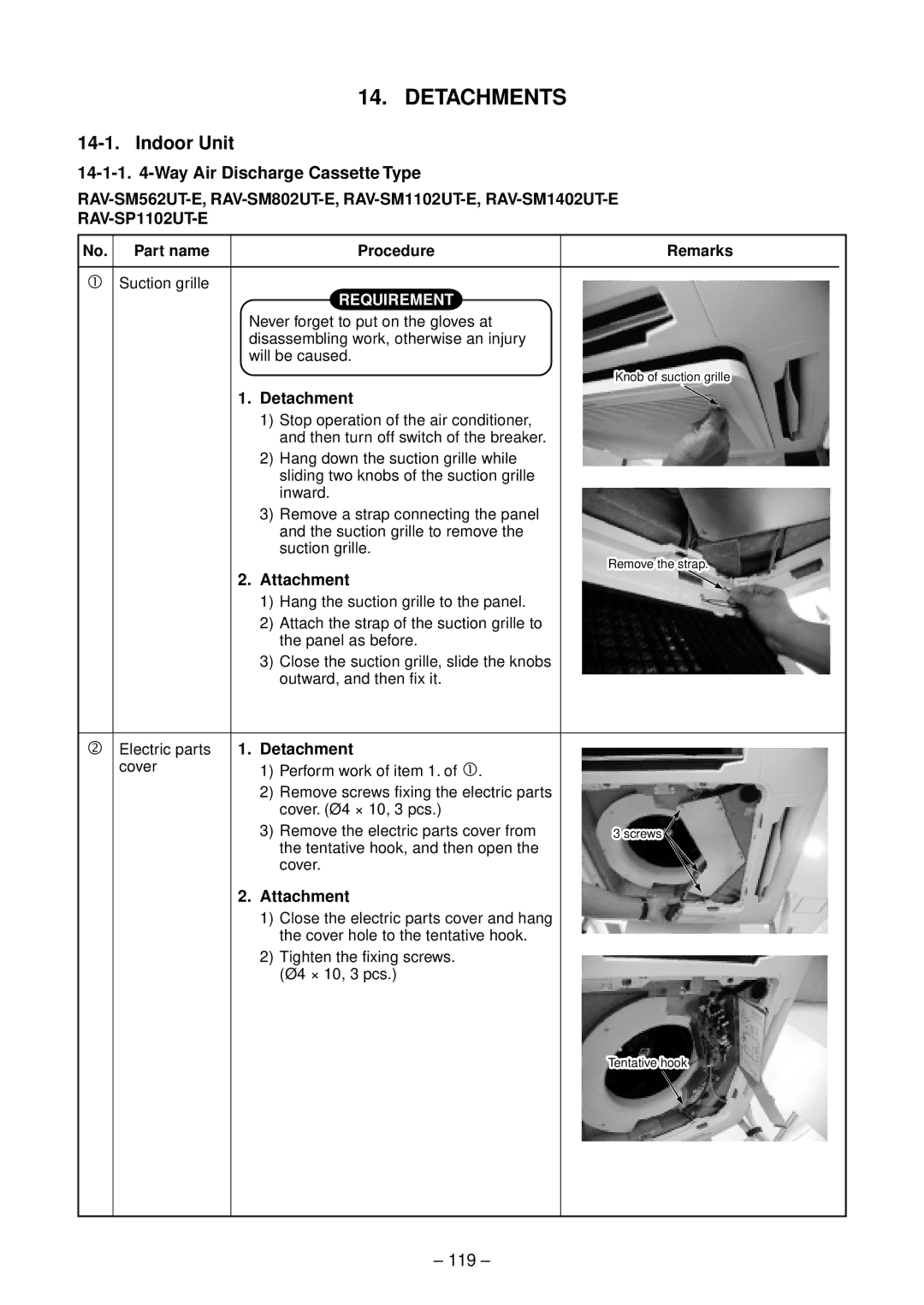 Toshiba RAV-SM562UT-E, RAV-SM1102UT-E, RAV-SM1402UT-E 119, Detachment, Attachment, No. Part name Procedure Remarks 