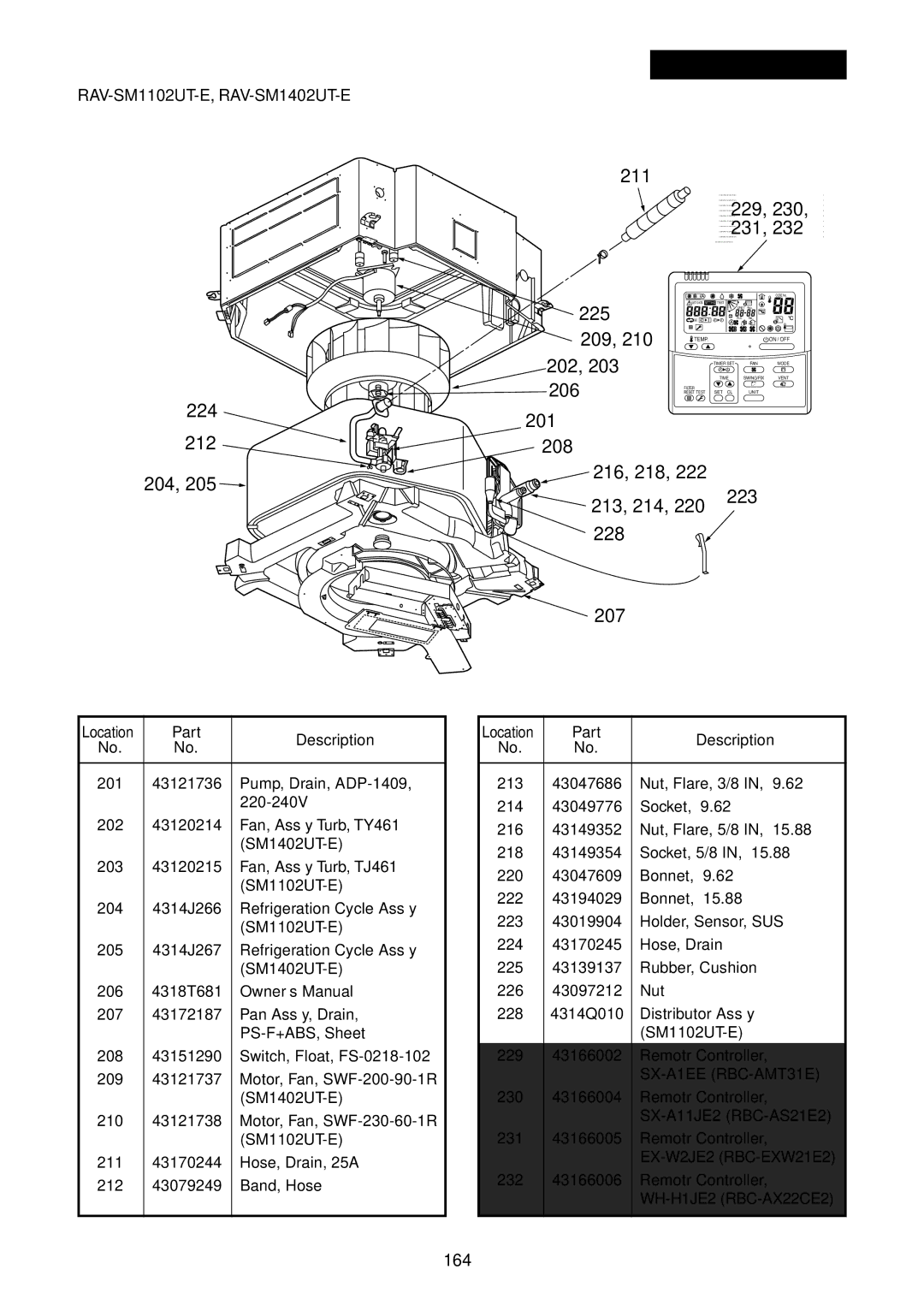 Toshiba RAV-SM1102UT-E 211 229 231, 224 201 212 208 204 216, 218 223 213, 214 228 207, 164, 232 43166006 Remotr Controller 