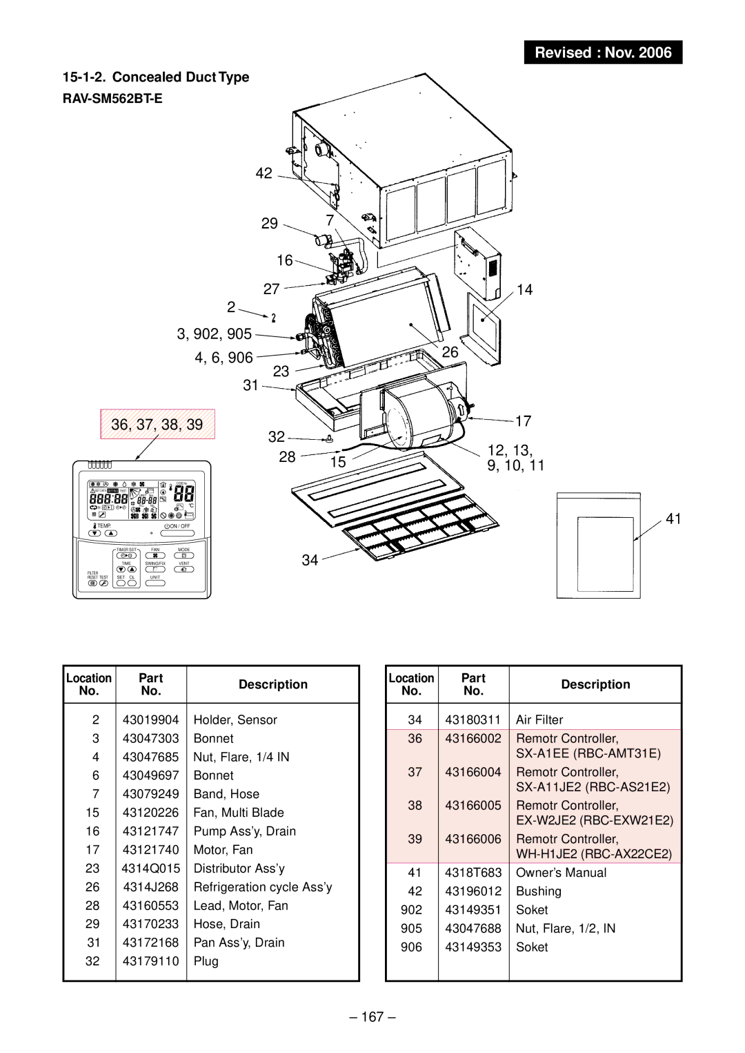 Toshiba RAV-SM562UT-E, RAV-SM1102UT-E, RAV-SM1402UT-E 902 36, 37, 38, RAV-SM562BT-E, Air Filter 43166002 Remotr Controller 