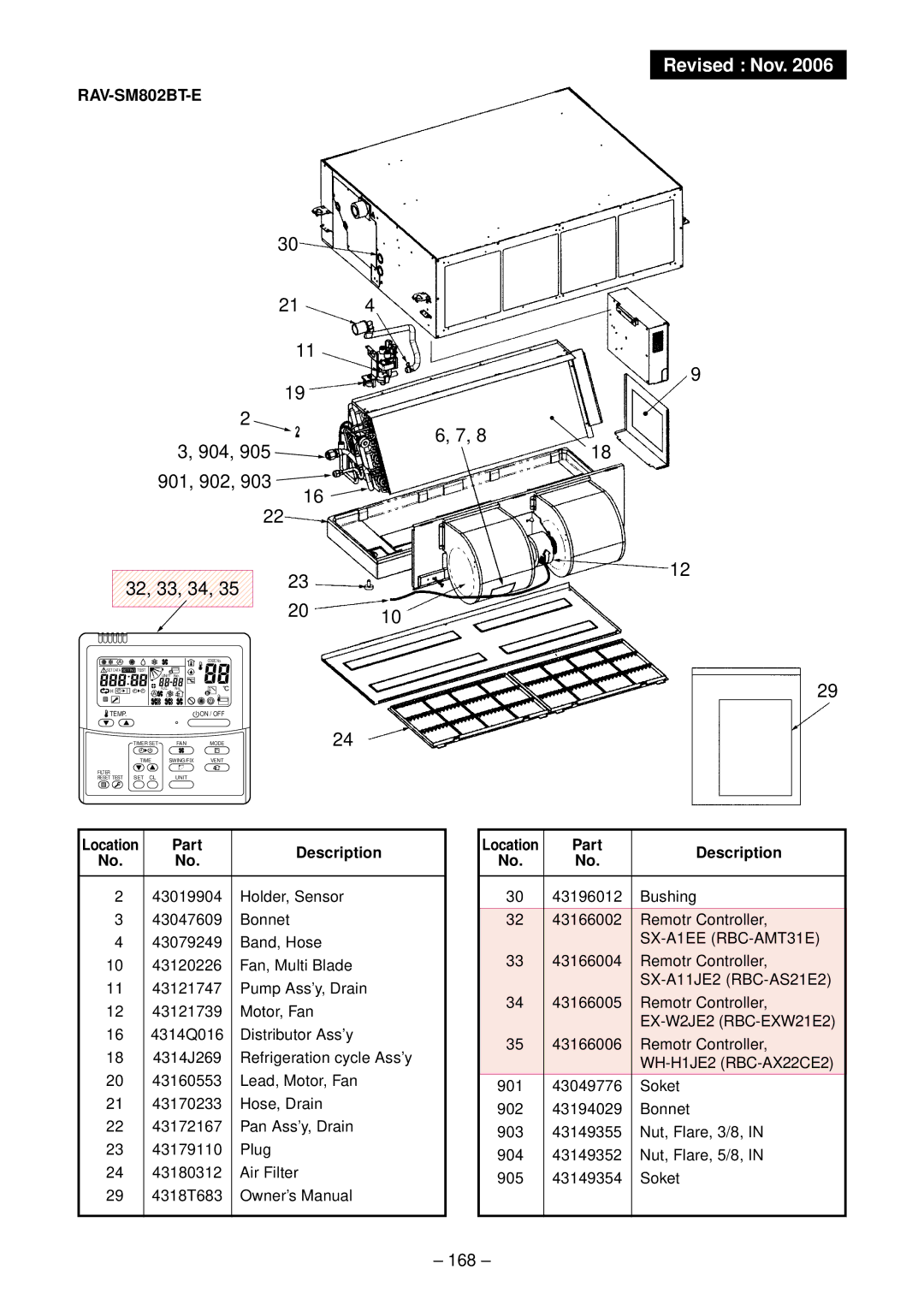 Toshiba RAV-SM1102UT-E, RAV-SM1402UT-E 904 901, 902, 903 32, 33, 34, RAV-SM802BT-E, Bushing 43166002 Remotr Controller 