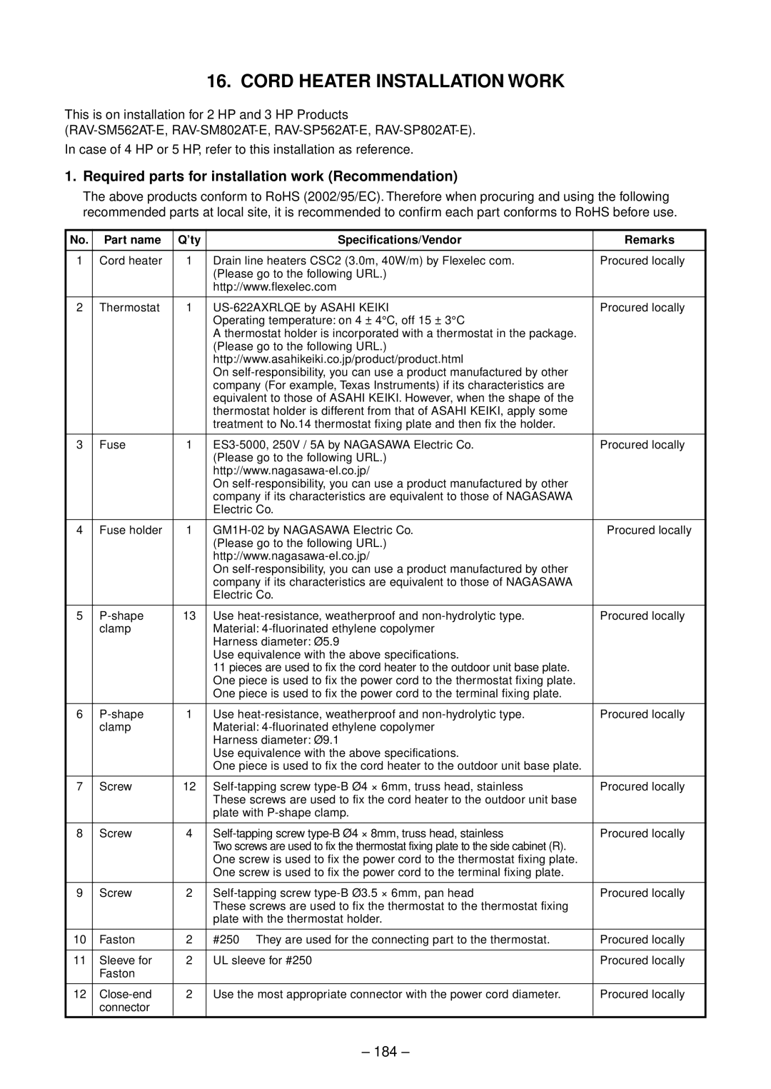 Toshiba RAV-SM1102UT-E, RAV-SM1402UT-E, RAV-SM802UT-E service manual Required parts for installation work Recommendation, 184 