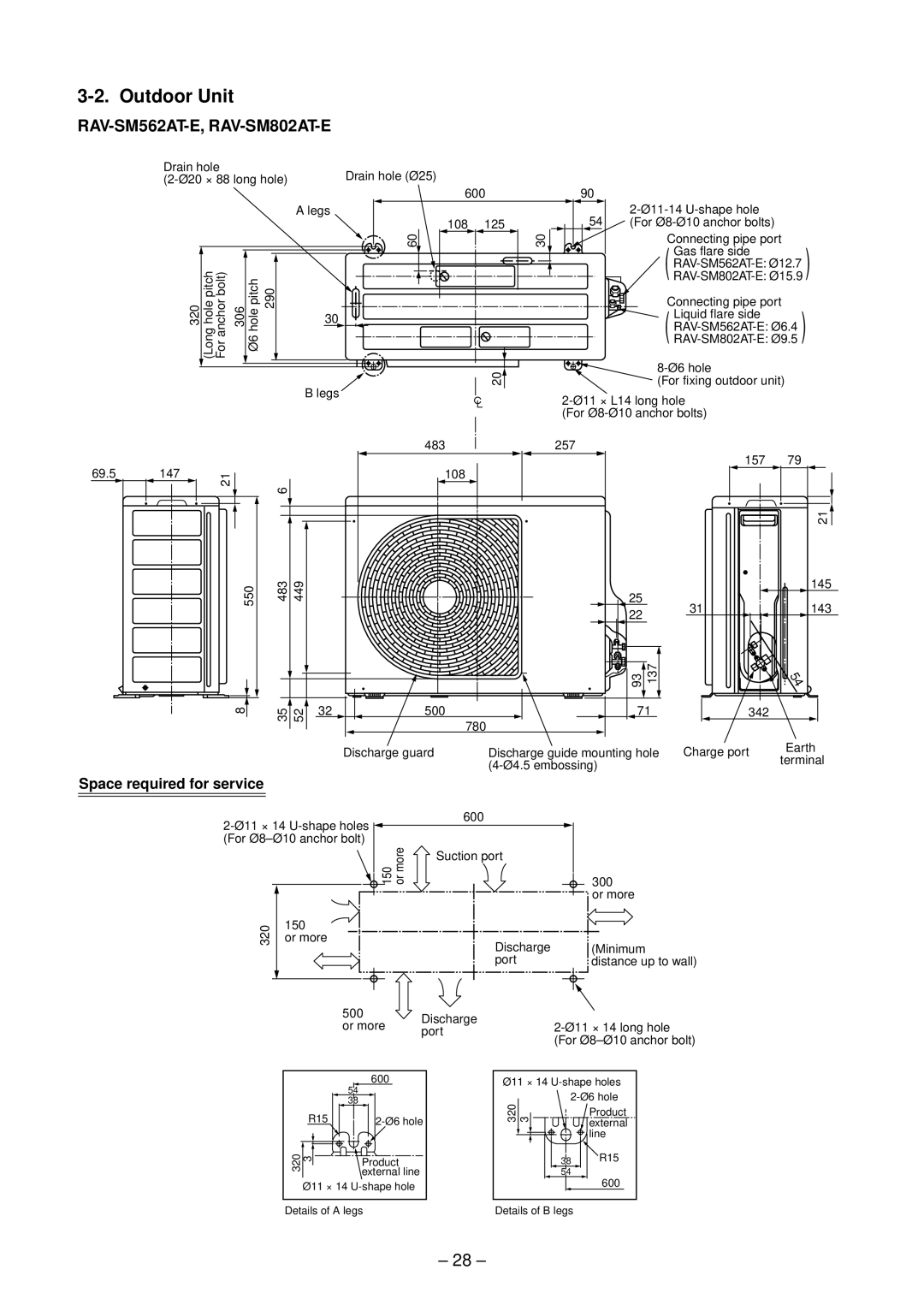 Toshiba RAV-SM1102UT-E, RAV-SM1402UT-E, RAV-SM802UT-E, RAV-SM562UT-E service manual Outdoor Unit, Space required for service 