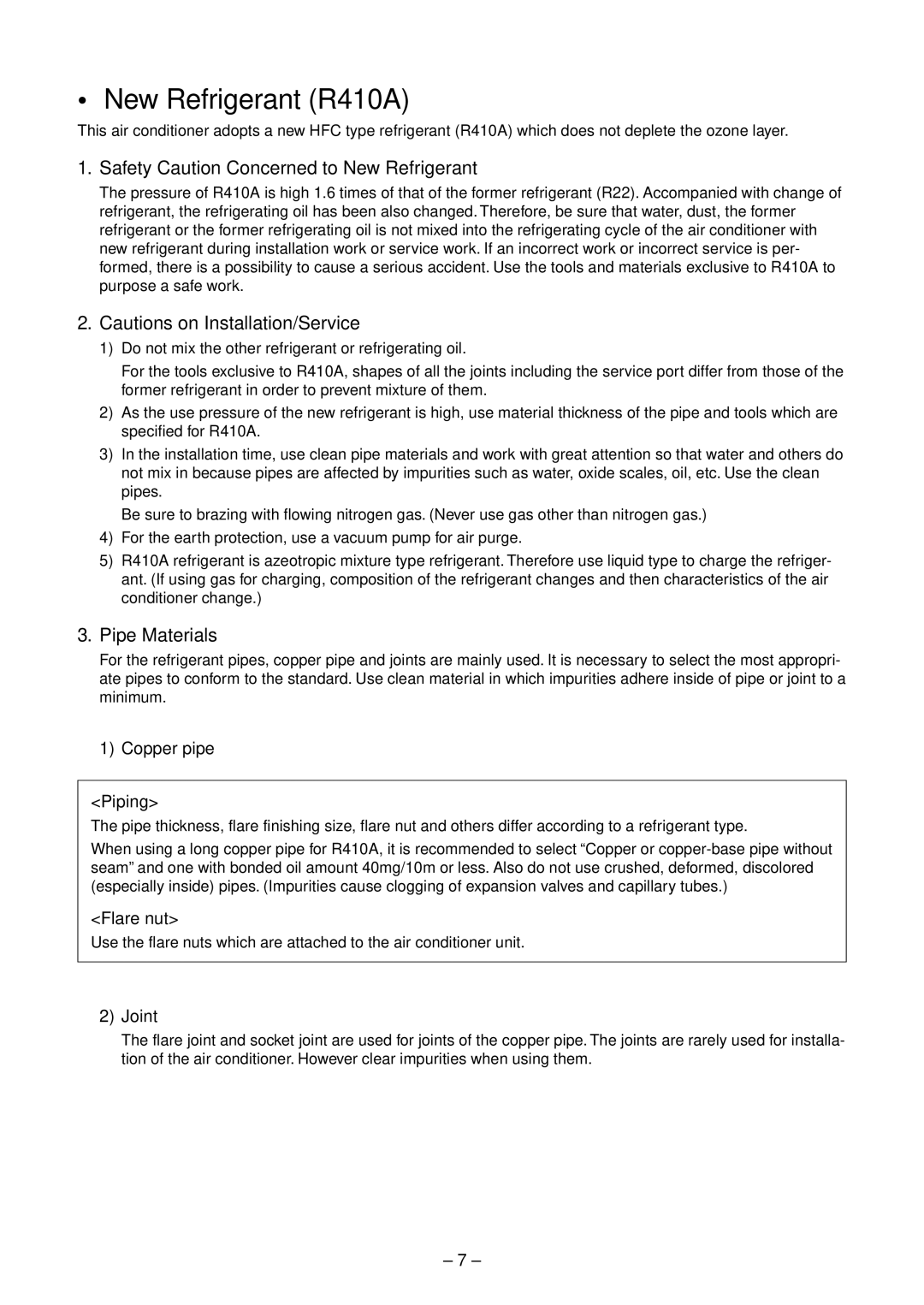 Toshiba RAV-SM562UT-E Safety Caution Concerned to New Refrigerant, Pipe Materials, Copper pipe Piping, Flare nut, Joint 