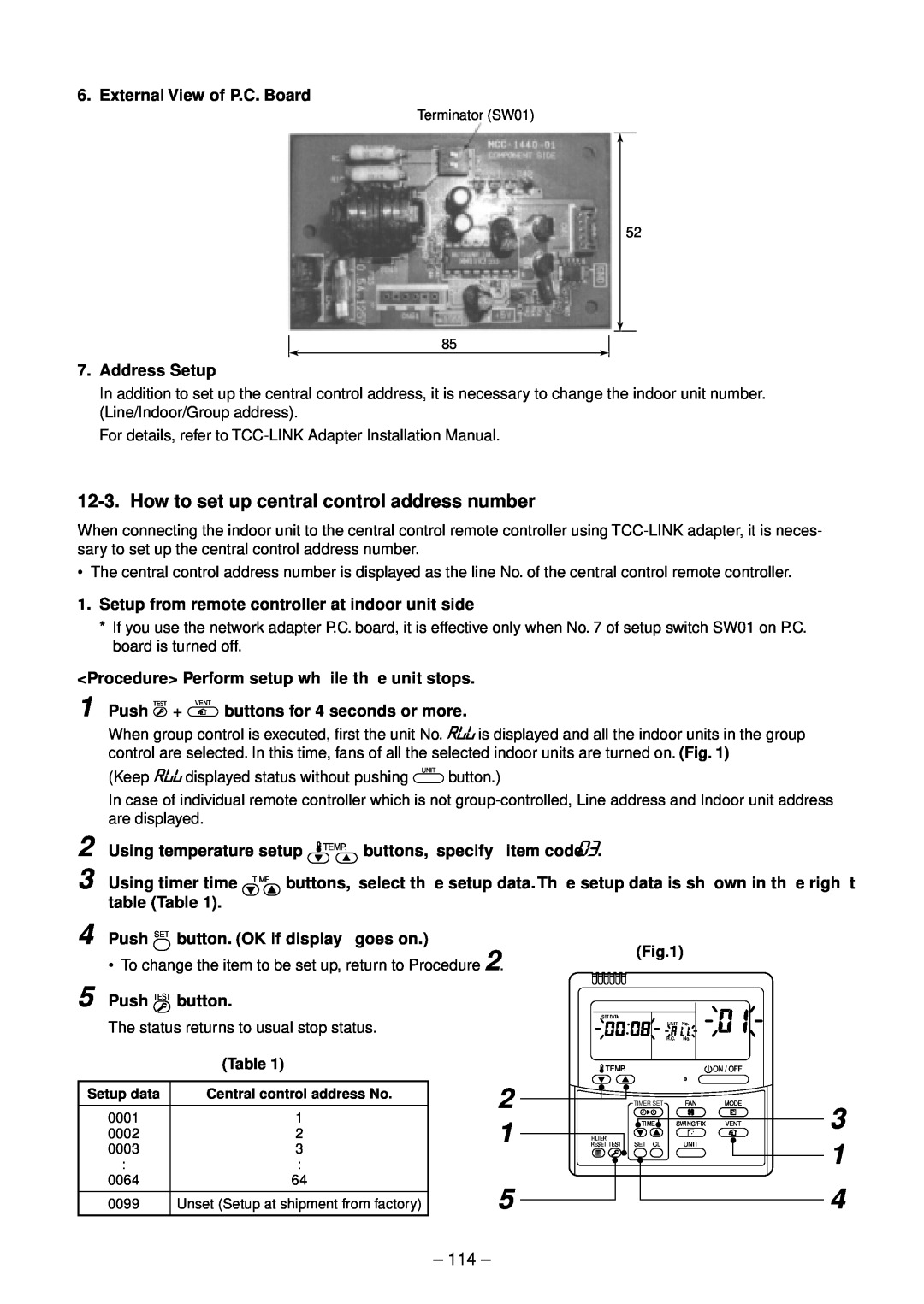 Toshiba RAV-SM802UT-E, RAV-SM1102UT-E, RAV-SM1402UT-E service manual 2 1 5, How to set up central control address number, 114 
