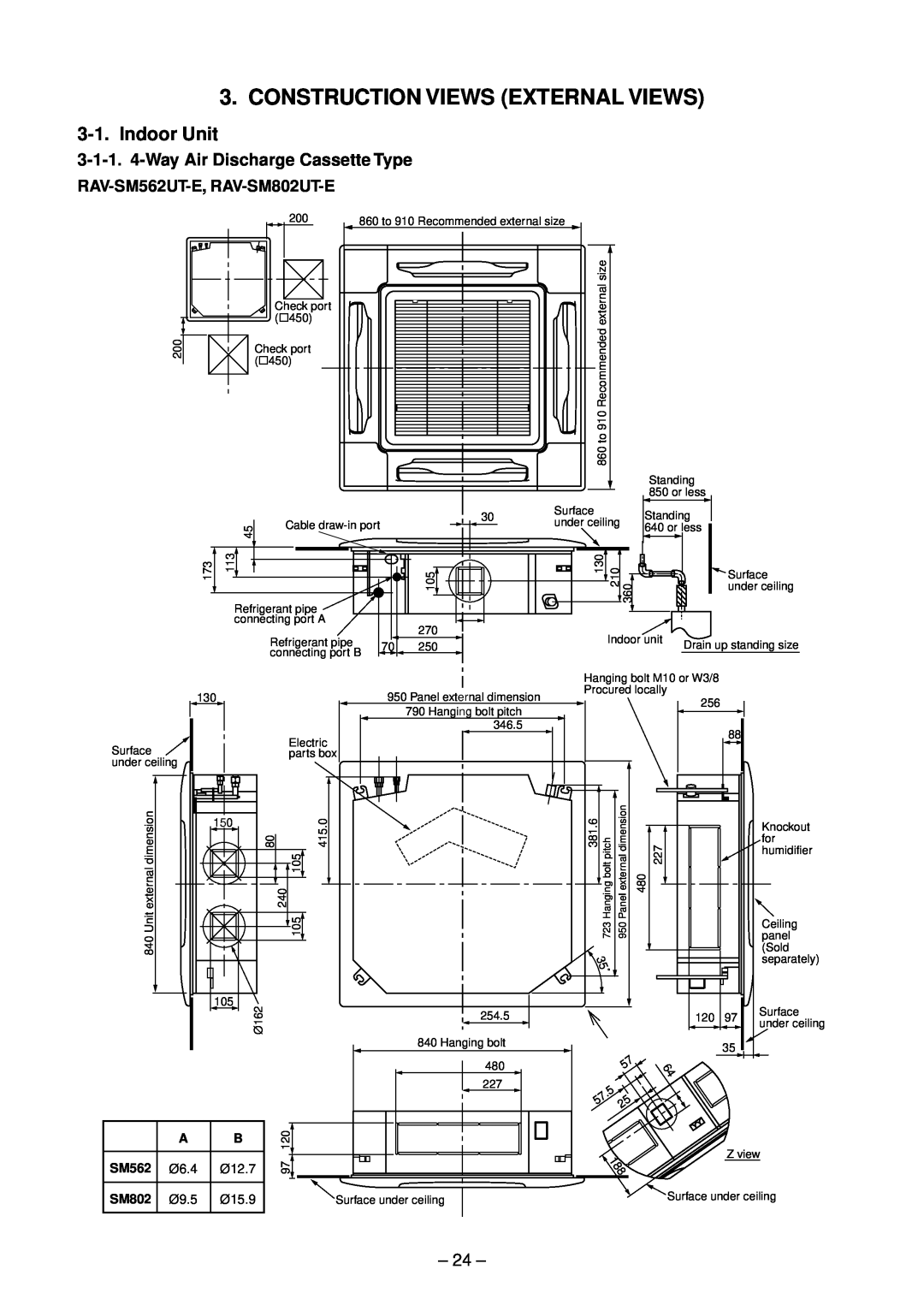 Toshiba RAV-SM1102UT-E Construction Views External Views, Indoor Unit, 3-1-1. 4-WayAir Discharge Cassette Type, 24 