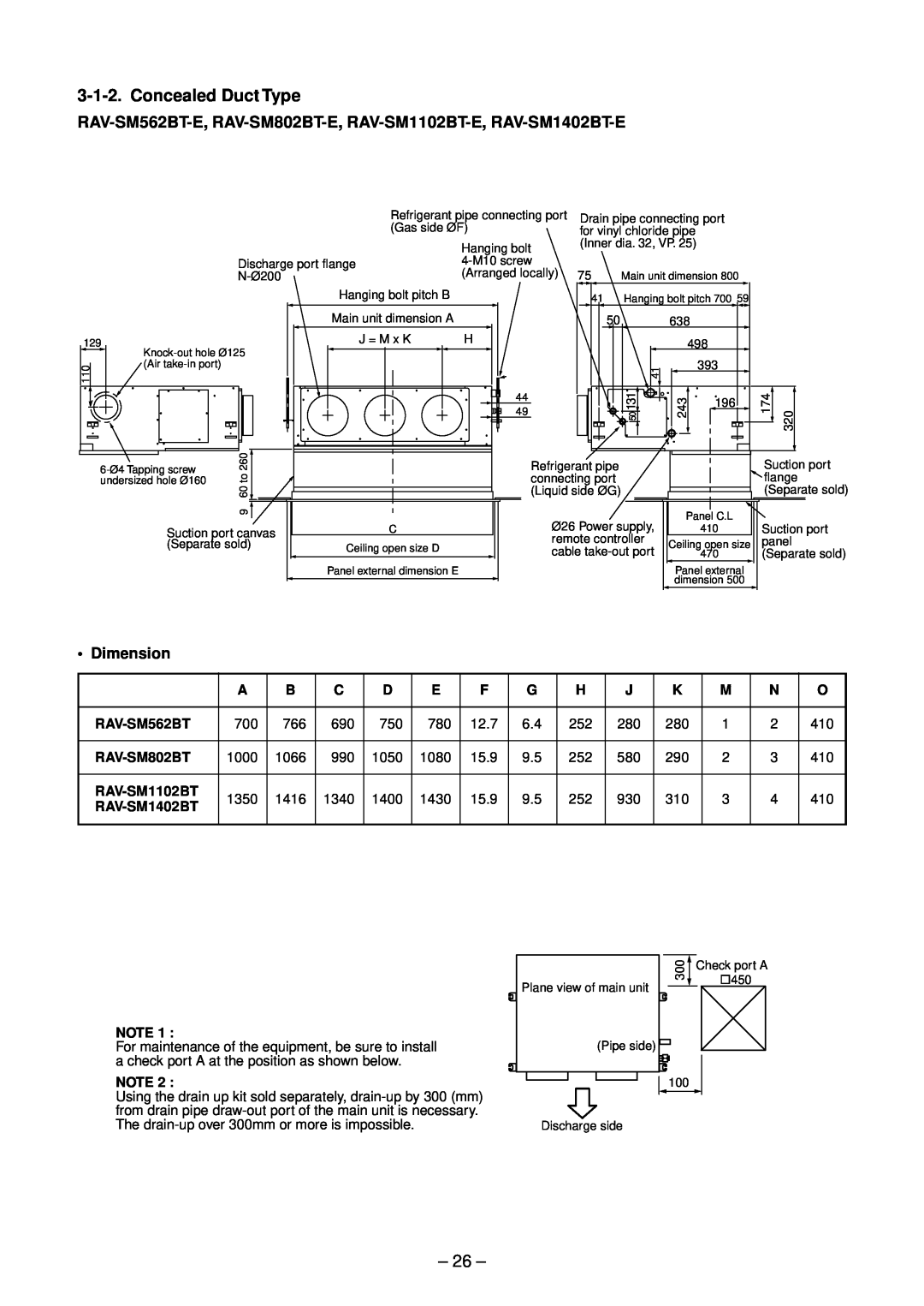 Toshiba RAV-SM802UT-E, RAV-SM1102UT-E, RAV-SM1402UT-E, RAV-SM562UT-E service manual Concealed Duct Type, 26, • Dimension 