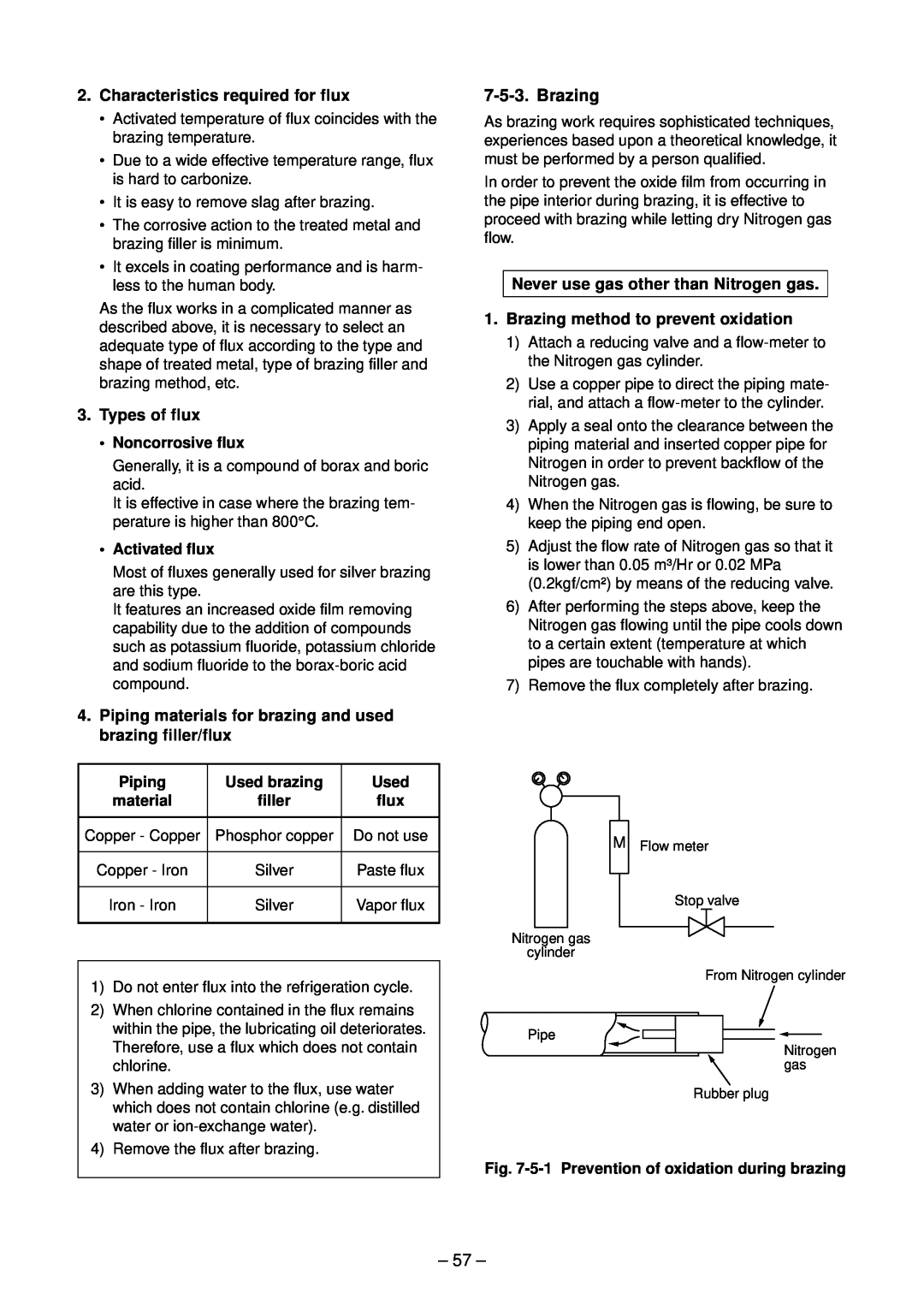 Toshiba RAV-SM1402UT-E, RAV-SM1102UT-E service manual Brazing, 57, •Noncorrosive flux, •Activated flux, Piping, Used brazing 