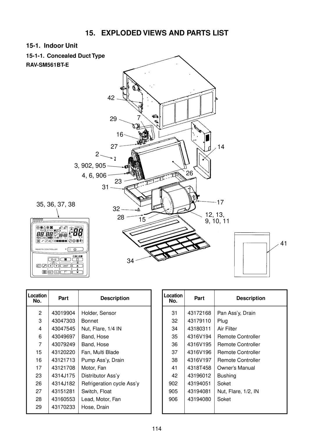 Toshiba RAV-SM1100AT-E, RAV-SM1400AT-E, RAV-SM1101BT-E Exploded Views and Parts List, 114, Part Description, Location 