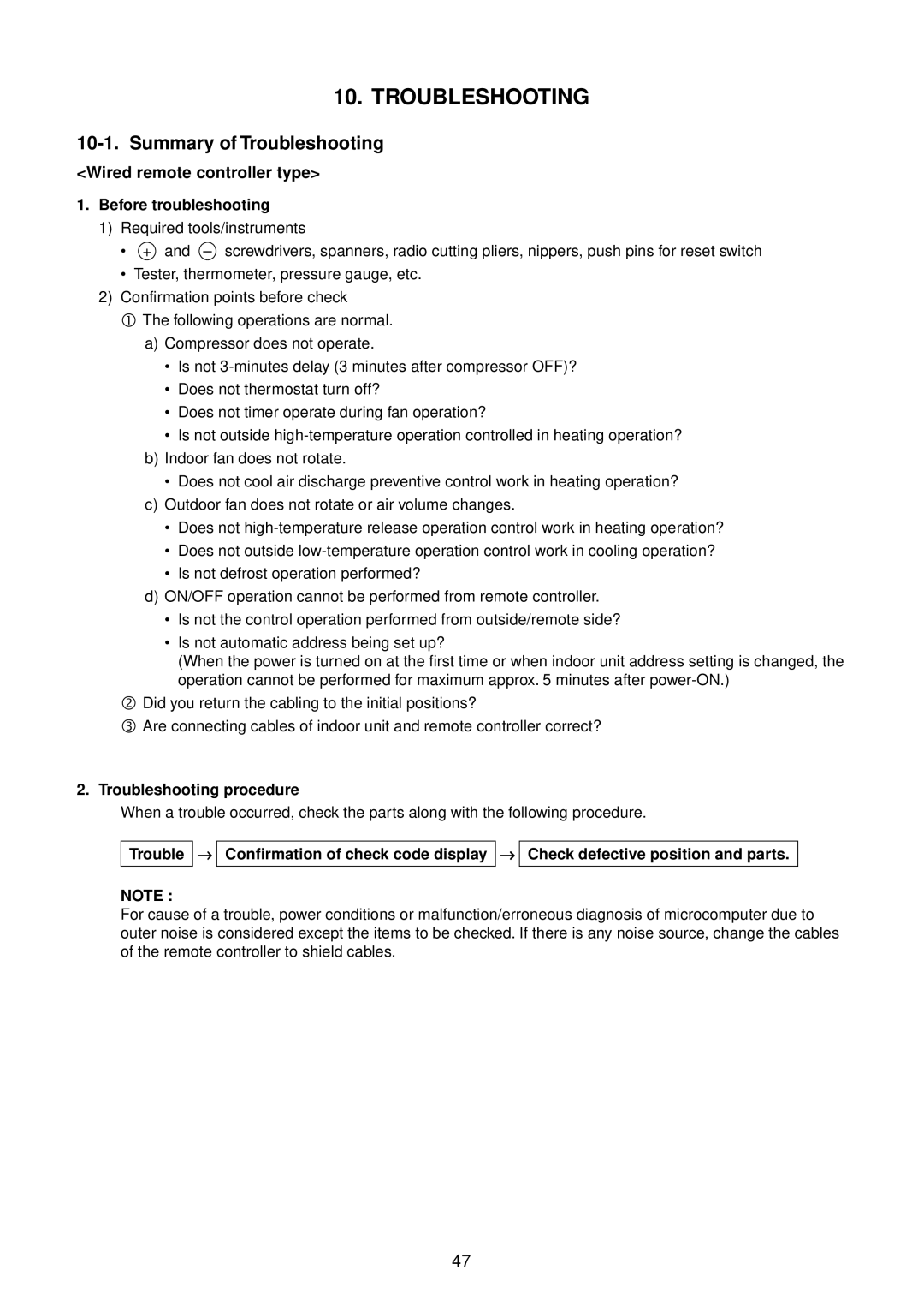 Toshiba RAV-SM1101BT-E, RAV-SM561BT-E Summary of Troubleshooting, Wired remote controller type, Before troubleshooting 