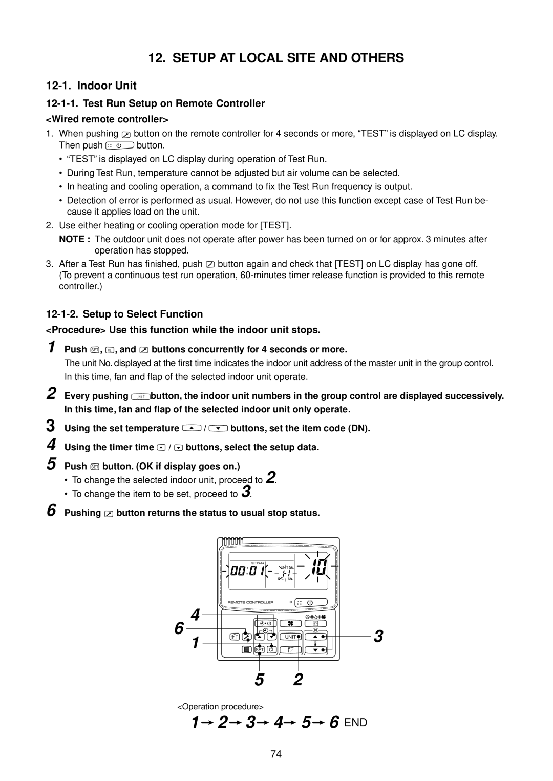 Toshiba RAV-SM561BT-E Setup AT Local Site and Others, Test Run Setup on Remote Controller, Setup to Select Function 