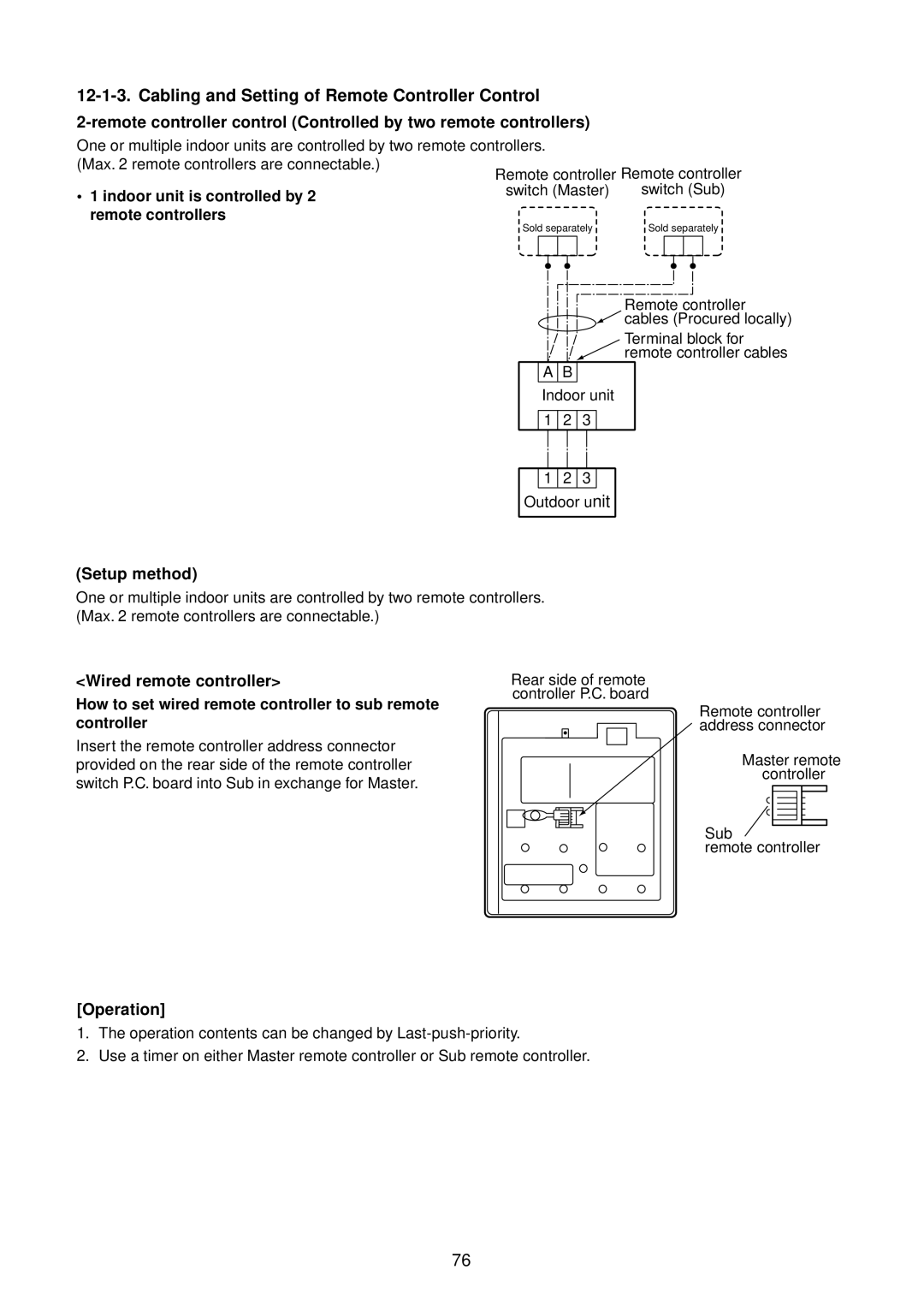 Toshiba RAV-SM1400AT-E, RAV-SM1101BT-E Cabling and Setting of Remote Controller Control, Setup method, Operation 