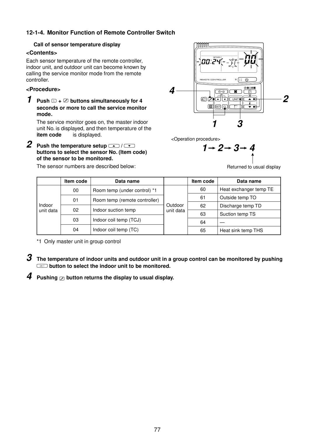 Toshiba RAV-SM1101BT-E, RAV-SM1400AT-E, RAV-SM1100AT-E Monitor Function of Remote Controller Switch, Contents, Procedure 