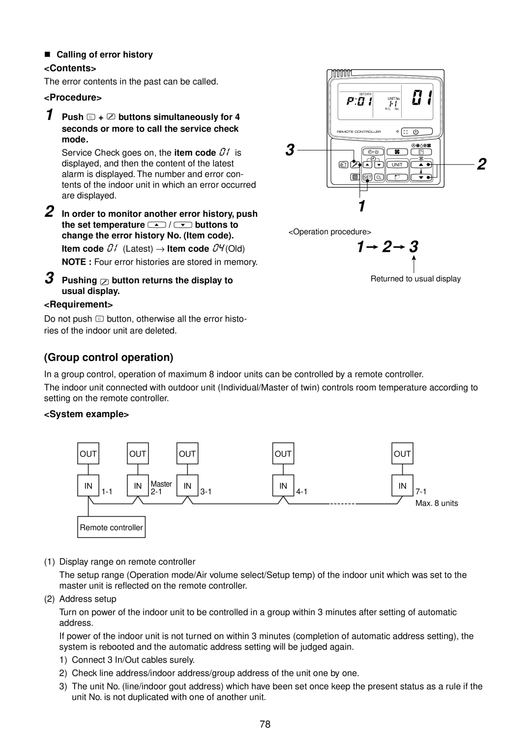 Toshiba RAV-SM1100AT-E, RAV-SM1400AT-E Group control operation, Requirement, System example, Calling of error history 