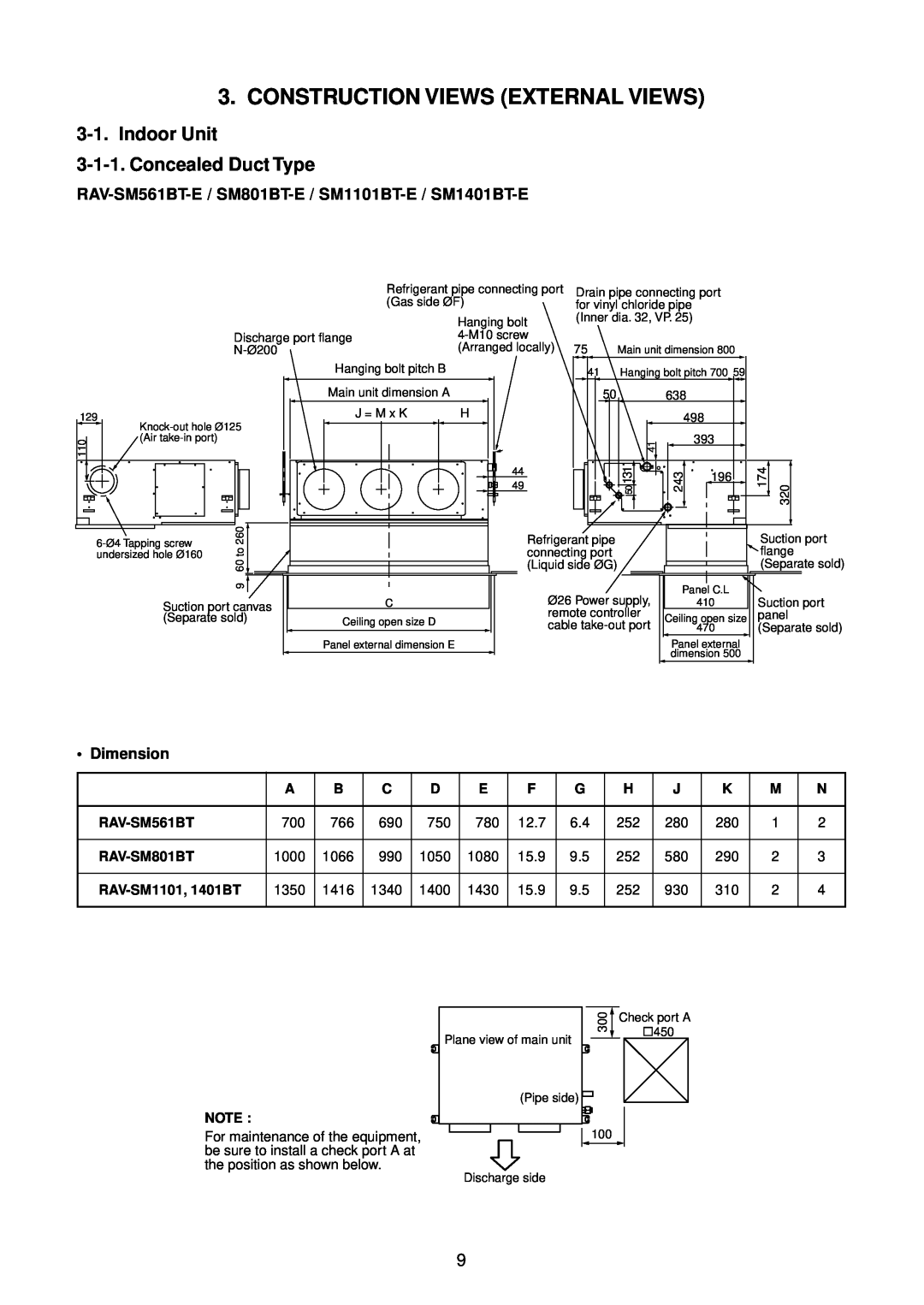 Toshiba RAV-SM801BT-E, RAV-SM561BT-E Construction Views External Views, Indoor Unit 3-1-1.Concealed Duct Type, • Dimension 