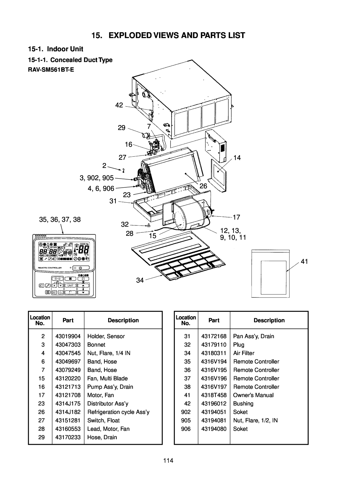 Toshiba RAV-SM1100AT-E Exploded Views And Parts List, 42 29 16 27 2 3, 902, 905 4, 6, 23 31 35, 36, 37, 32 28, Description 