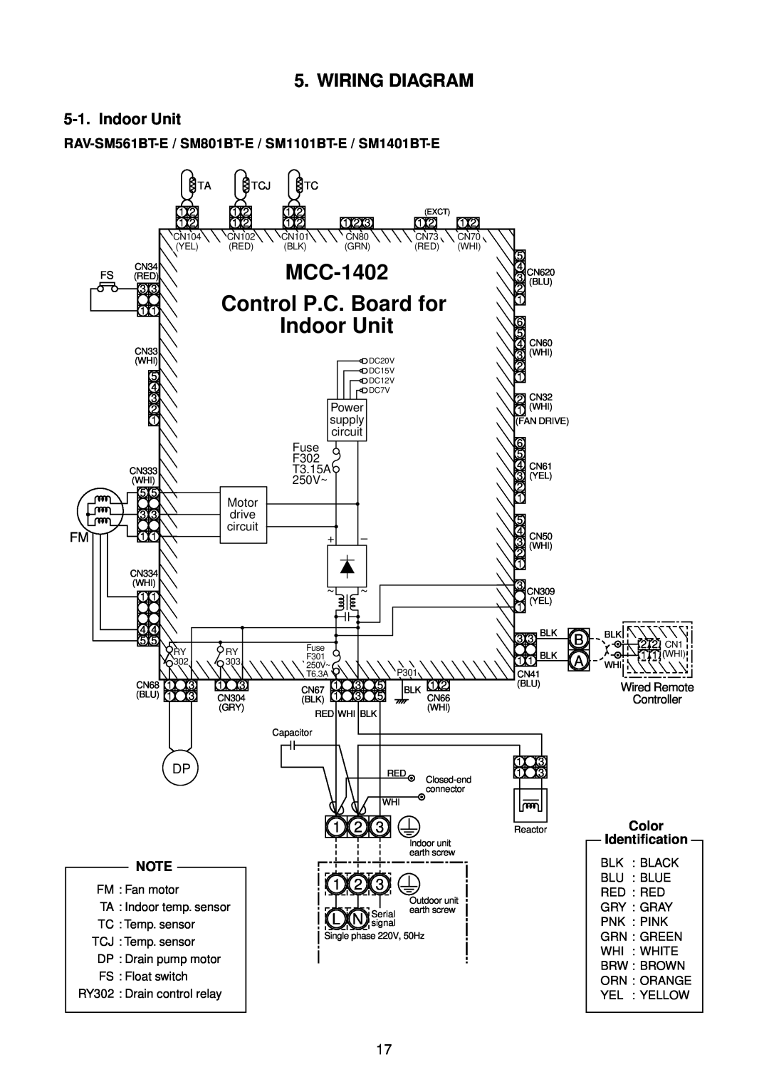 Toshiba RAV-SM1101BT-E, RAV-SM561BT-E Wiring Diagram, MCC-1402, Control P.C. Board for, Indoor Unit, Color, Identification 