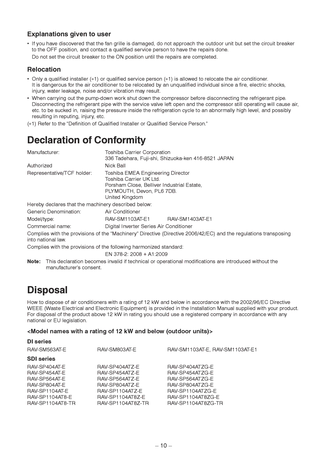 Toshiba RAV-SM1403AT-E1 Explanations given to user, Relocation, Model names with a rating of 12 kW and below outdoor units 