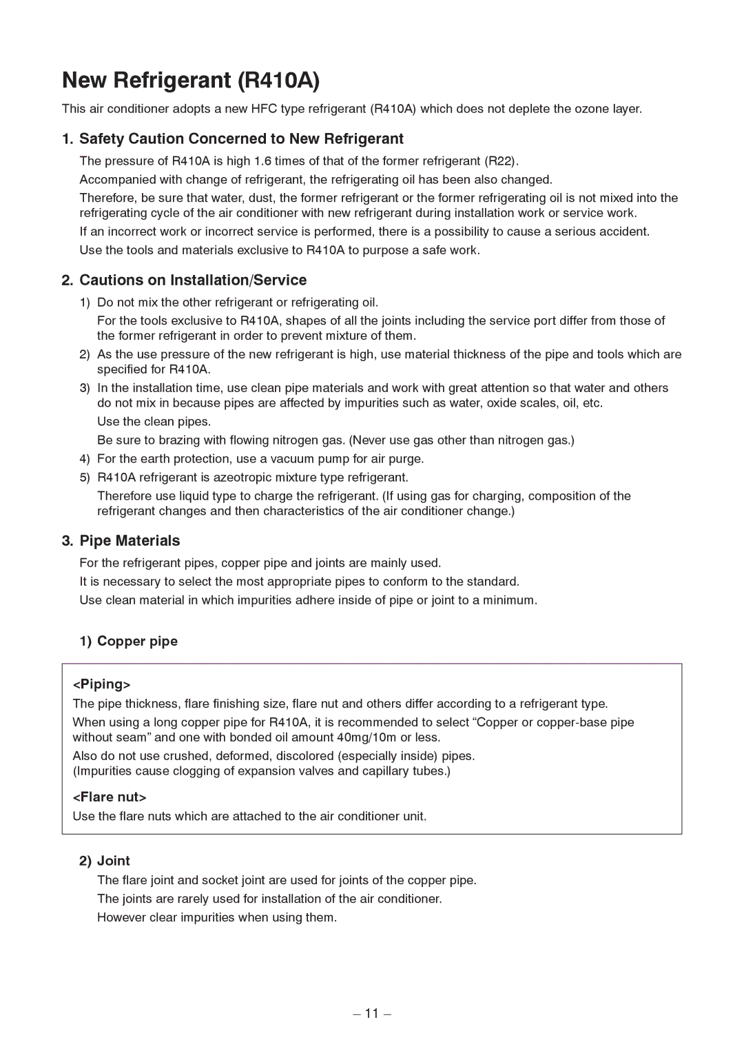 Toshiba RAV-SM1403AT-E1 Safety Caution Concerned to New Refrigerant, Pipe Materials, Copper pipe Piping, Flare nut, Joint 