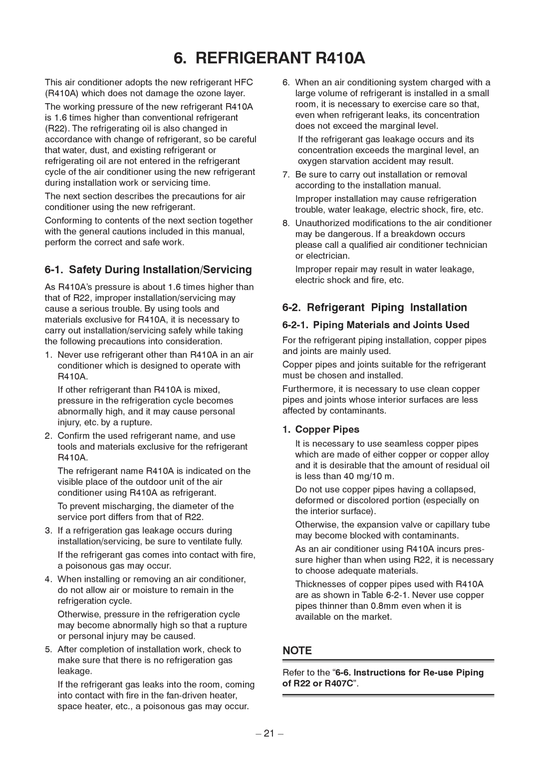 Toshiba RAV-SM1403AT-E1 service manual Safety During Installation/Servicing, Refrigerant Piping Installation, Copper Pipes 