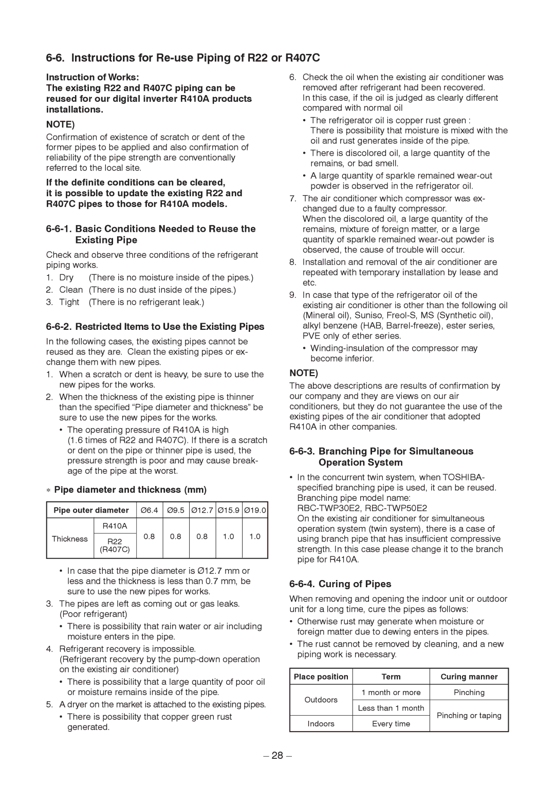 Toshiba RAV-SM1403AT-E1 Instructions for Re-use Piping of R22 or R407C, Basic Conditions Needed to Reuse the Existing Pipe 