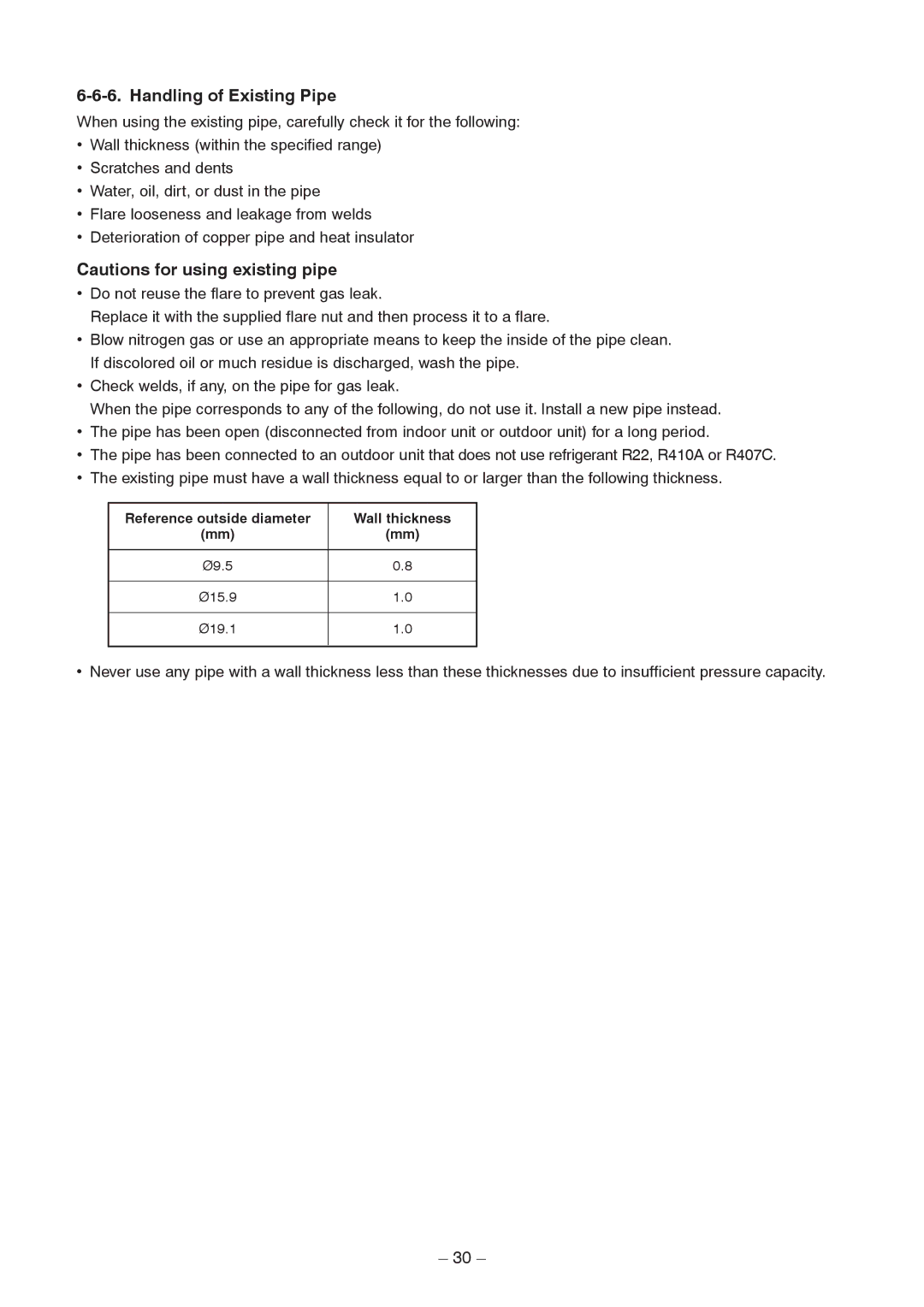 Toshiba RAV-SM1403AT-E1 service manual Handling of Existing Pipe, Reference outside diameter Wall thickness 