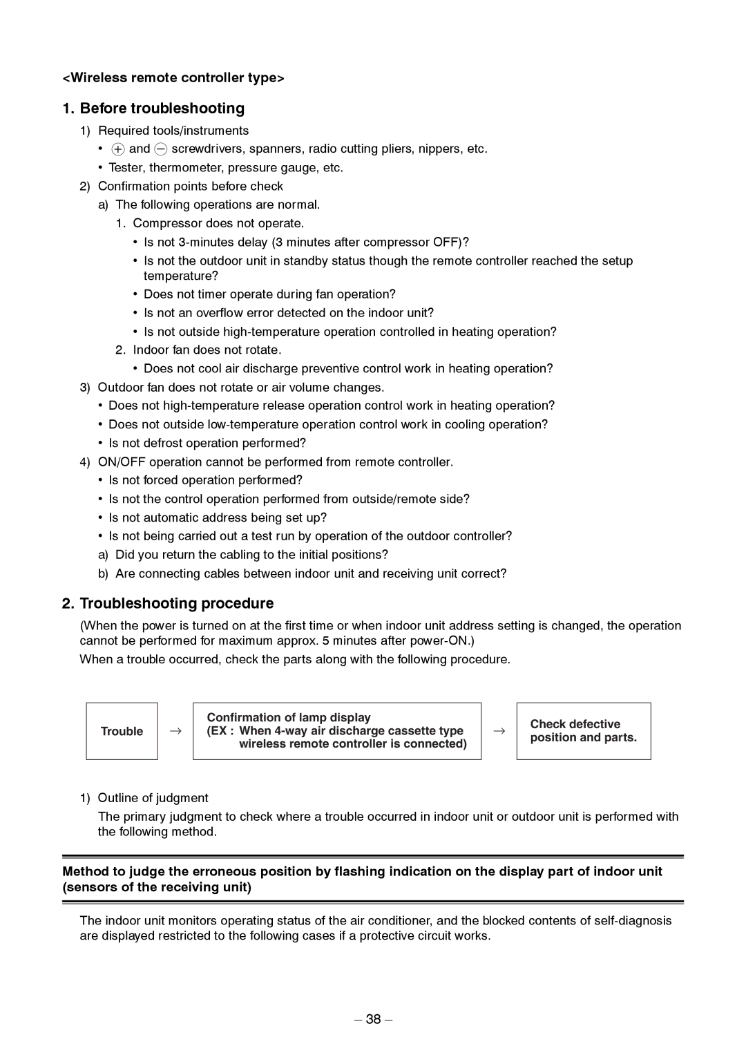 Toshiba RAV-SM1403AT-E1 service manual Wireless remote controller type, Trouble Confirmation of lamp display 