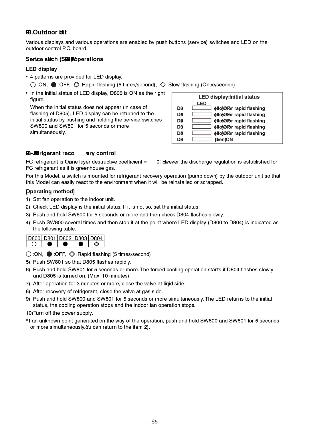 Toshiba RAV-SM1403AT-E1 service manual Outdoor Unit, Service switch SW800, SW801 operations, Refrigerant recovery control 