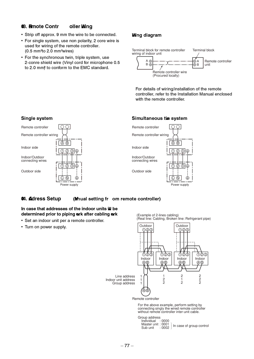 Toshiba RAV-SM1403AT-E1 service manual Remote Controller Wiring, Wiring diagram, Single system Simultaneous twin system 