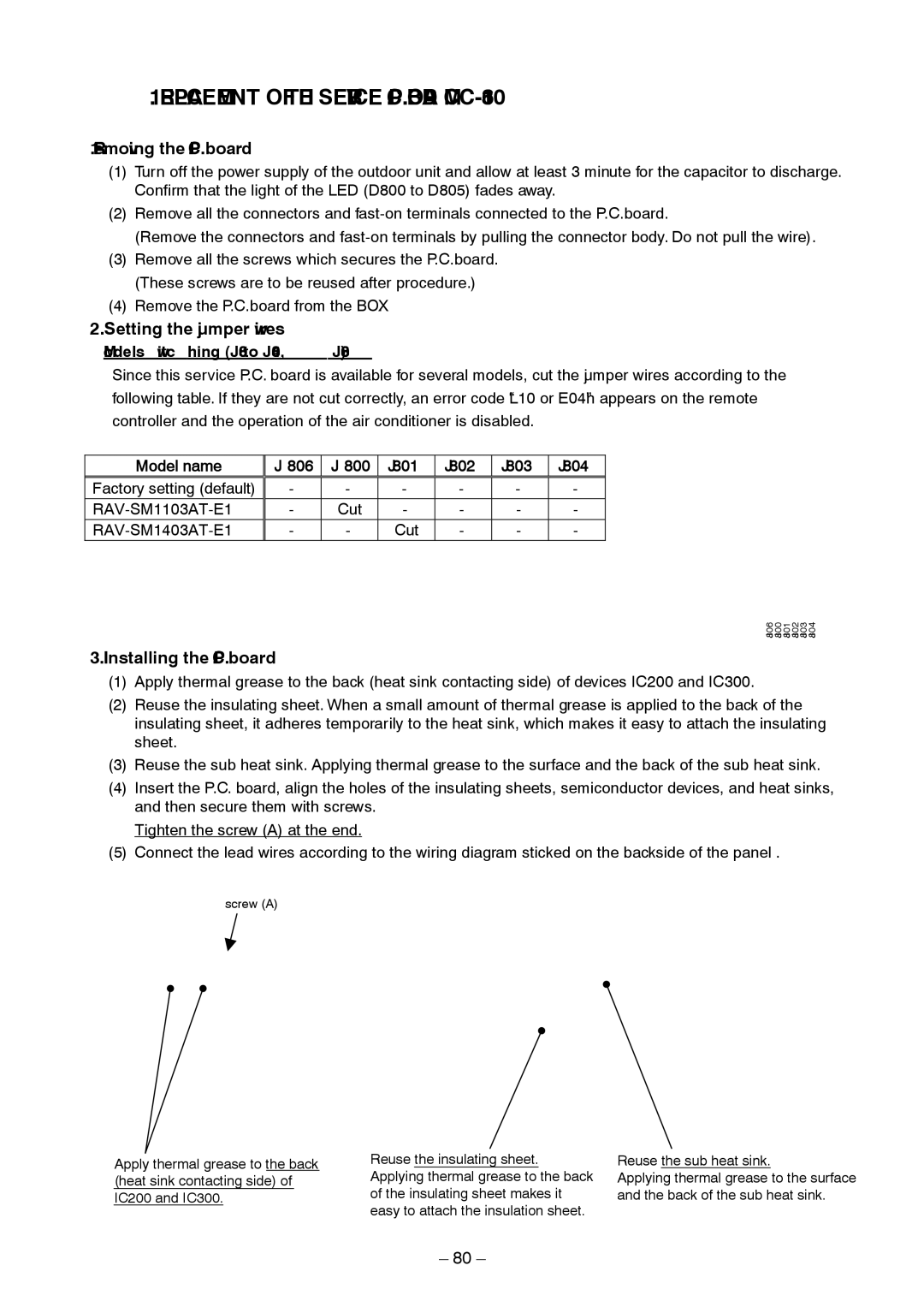 Toshiba RAV-SM1403AT-E1 service manual Removing the P.C. board, Setting the jumper wires, Installing the P.C. board 