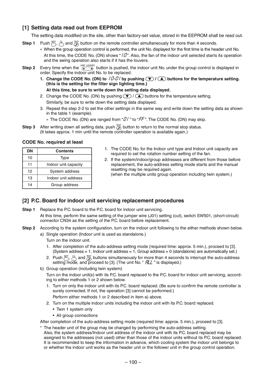 Toshiba RAV-SM1104UT-E Setting data read out from Eeprom, C. Board for indoor unit servicing replacement procedures, 100 