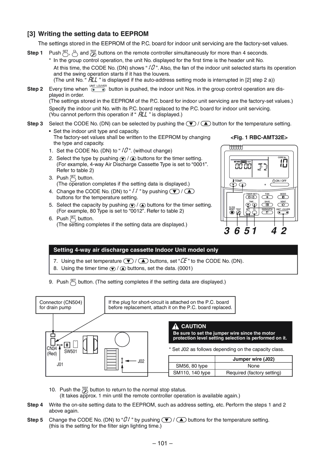 Toshiba RAV-SP1104AT-E, RAV-SM1404UT-E, RAV-SM1104UT-E Writing the setting data to Eeprom, 101, Jumper wire J02 