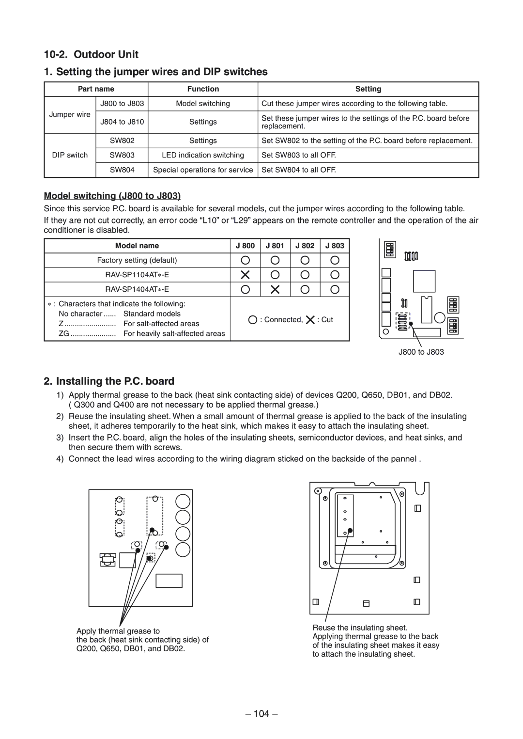 Toshiba RAV-SM804UT-E service manual Outdoor Unit Setting the jumper wires and DIP switches, Installing the P.C. board, 104 