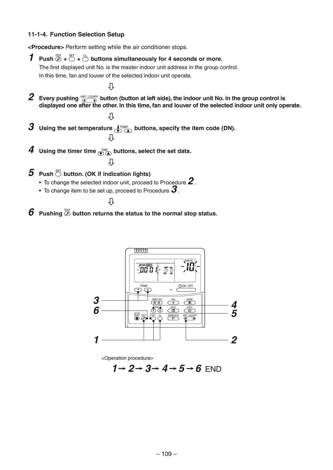 Toshiba RAV-SM1104UT-E, RAV-SM1404UT-E, RAV-SP1104AT-E Function Selection Setup, 109, Push button. OK if indication lights 