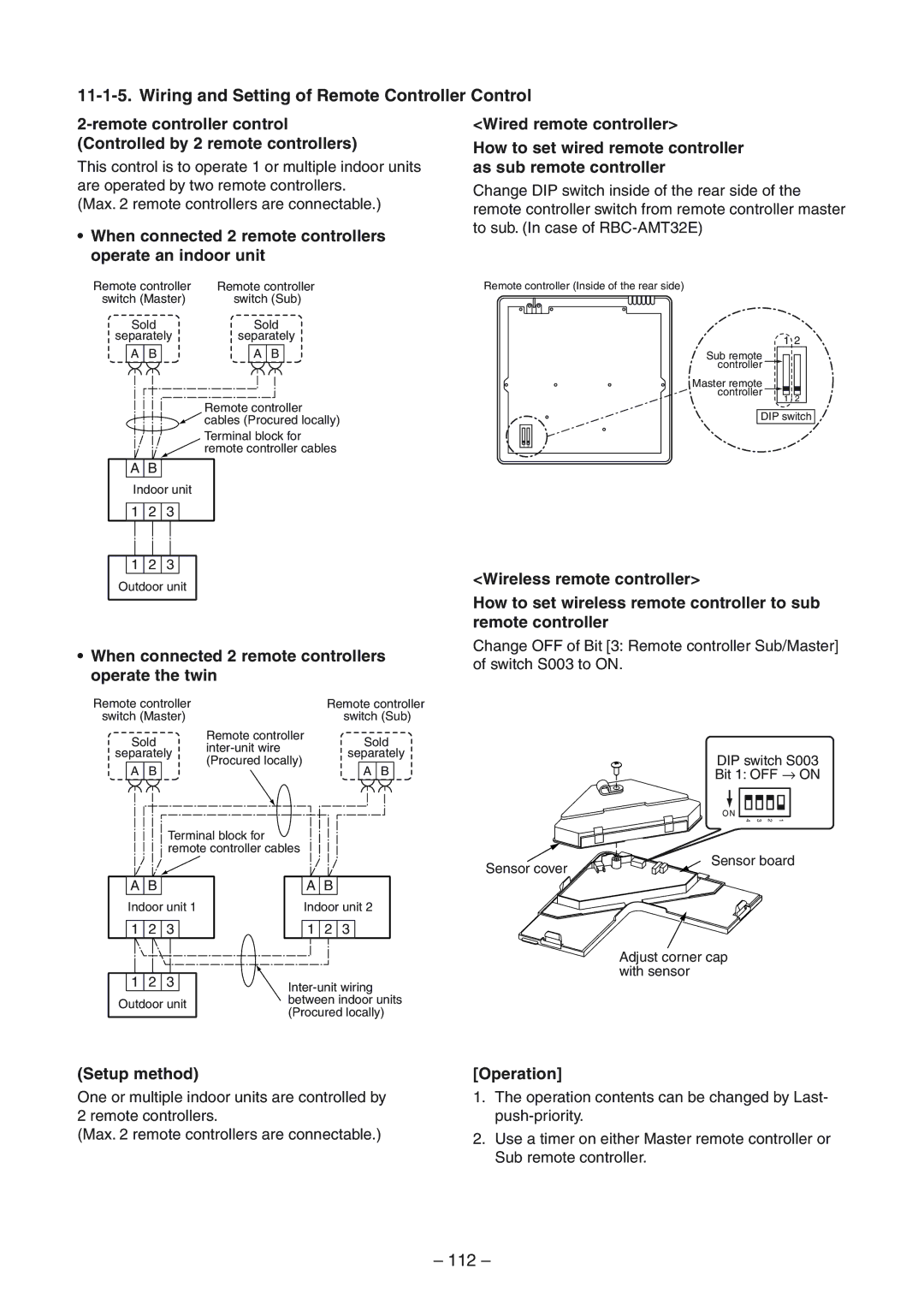 Toshiba RAV-SP1404AT-E, RAV-SM1404UT-E, RAV-SM1104UT-E Wiring and Setting of Remote Controller Control, 112, Setup method 