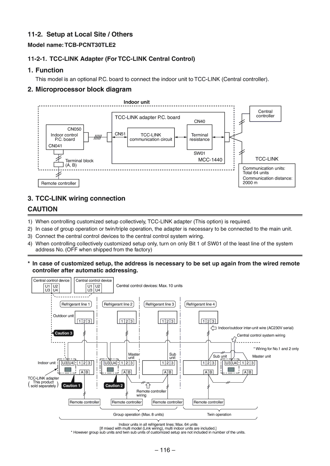 Toshiba RAV-SP1104ATZG-E Setup at Local Site / Others, Function, Microprocessor block diagram, TCC-LINK wiring connection 